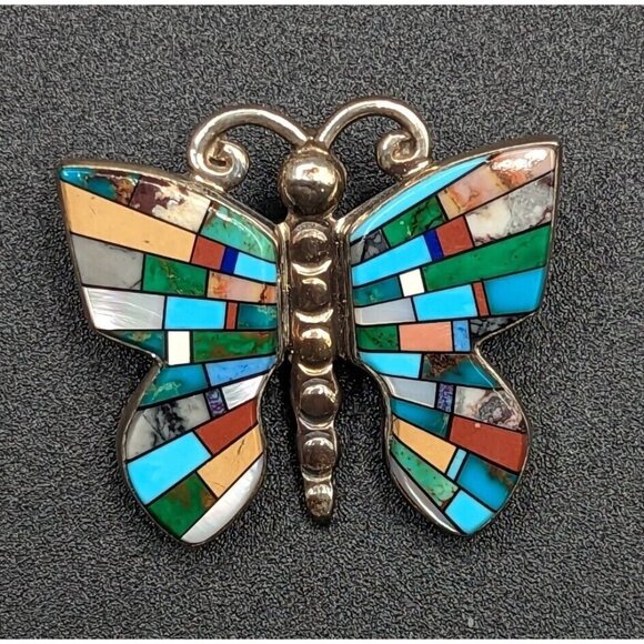 Melvin Cleveland Navajo Stone Inlay Butterfly Sterling Silver Brooch Pin Pendant - Picture 12 of 12